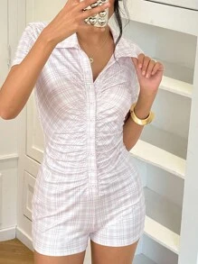 Chiquease Bộ đồ liền thân kẻ caro cài nút thoải mái, dễ mặc cho nữ, trang phục mùa hè, phù hợp cho trường đại học - Hồng - Xem 7