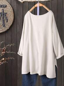 SHEIN 大码女式杏色V领侧开衩宽松休闲T恤，3/4袖 - 杏色 - 查看 2