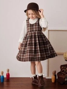 PrepCrw 女童格子拼接长袖连衣裙，学院风女童格子连衣裙，棕色格子连衣裙，女童棕色格子背带裙，女童格子背带裙，棕色格子连衣裙，女童 - 彩色 - 查看 3