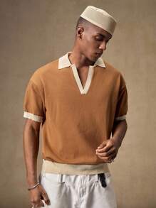 AKNOTIC Men's Casual Polo Collar Short Sleeve Knit Top - Apricot - View 5