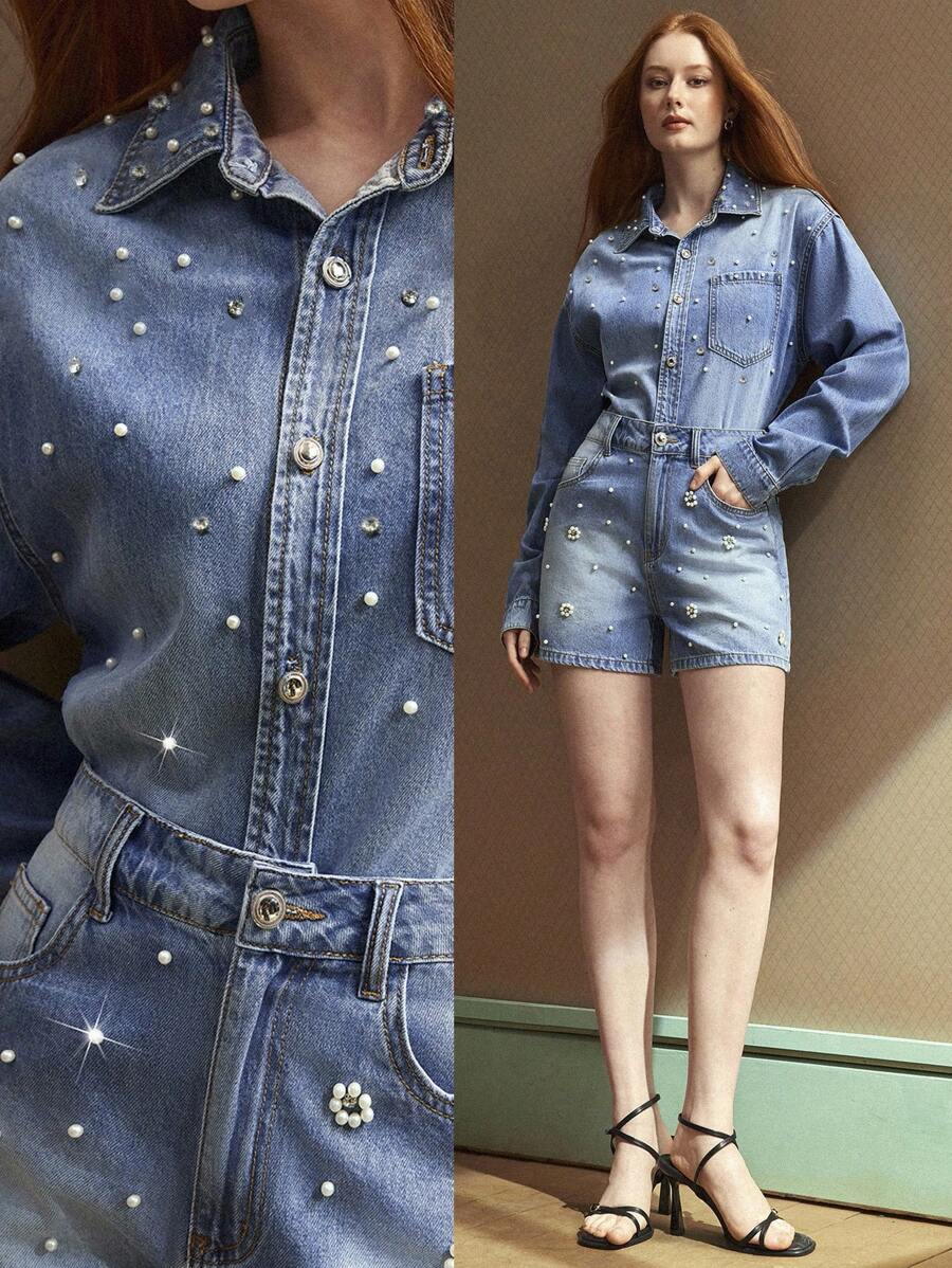 Selenza 2 件套女式牛仔套装，长袖上衣和阔腿短裤，夏季新款时尚水钻和珍珠花朵设计 - 藍色 - 查看 1