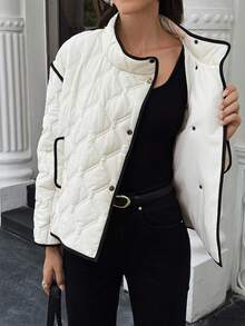 SHEIN LUNE Casual Contrast Color Trim Jacket, Winter - Apricot - View 8