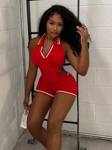 Alexandranx Women's Sexy Backless Halter Playsuit - Red - View 6