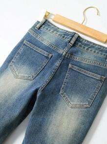 Conjunto de chaqueta vaquera desgastada azul y jeans con cintura ajustable para niño preadolescente de moda para exteriores y calle - Azul lavado oscuro - Ver 5