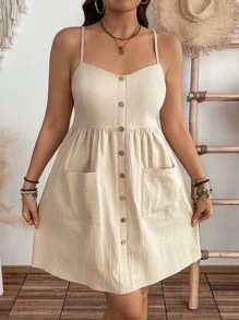 EMERY ROSE Plus Size Casual Daily Summer Pure Cotton Texture Pocketed Waist Midi Strap Dress - Khaki - View 3