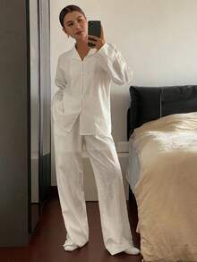 DAZY 条纹波点纹理面料撞色刺绣装饰优雅女士睡衣套装，秋冬服装 - 白色 - 查看 7