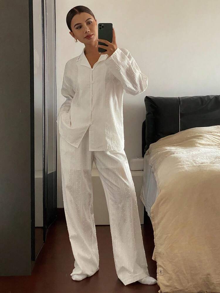 Striped & Polka Dot Textured Fabric Contrast Color Embroidery Decor Elegant Women Pajama Set, Fall Winter Clothes