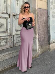 Jeta Ari Váy Maxi Satin Cạp Cao Trang Phục Cho Nữ - Màu tím hoa cà - Xem 6