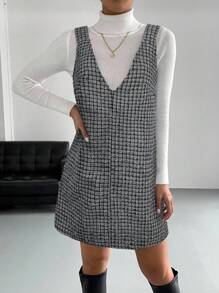 SHEIN BIZwear 女式格子V领无袖宽肩带休闲百搭连衣裙 - 灰色 - 查看 3