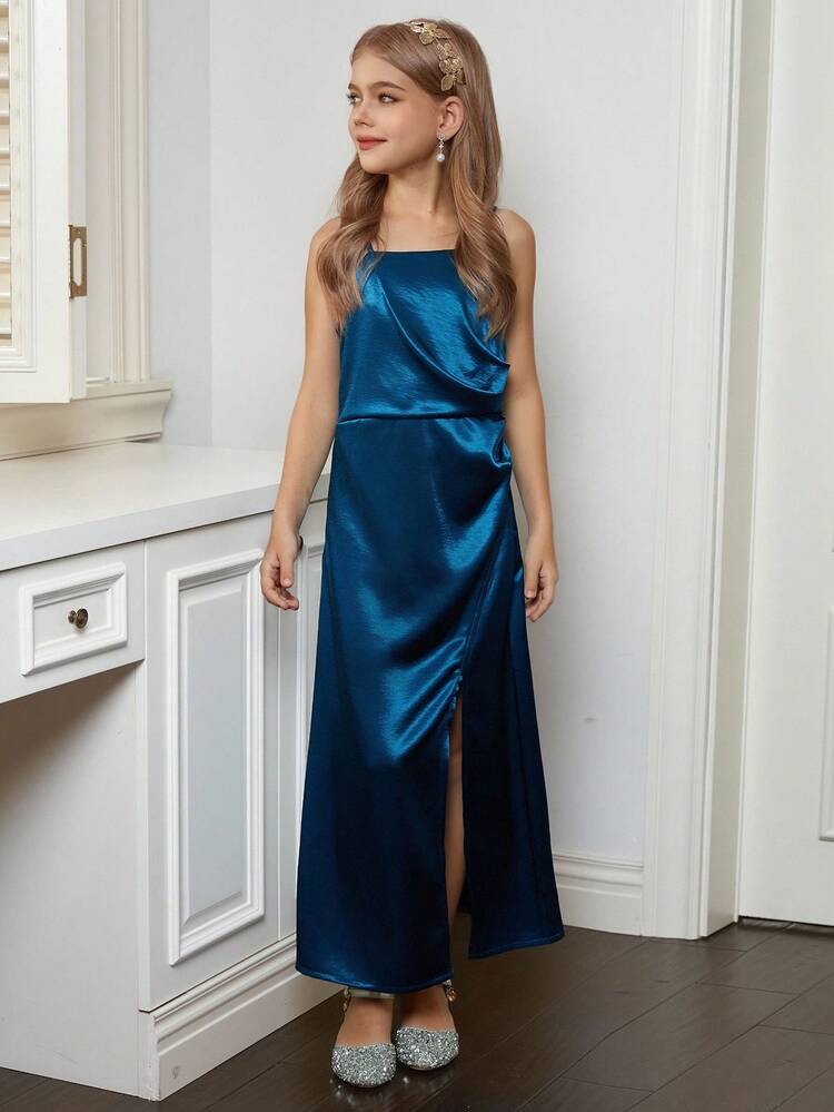 DAZY Girls' Sweet Solid Color Slit Strap Dress, Formal M03 - Blue - View 2