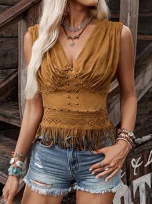 LanaWest Women's New Brown Retro Faux Suede V-Neck Ruched Waist Zipper Bohemian Hollow Tassel Western Casual Vacation Tank Top, Summer/Autumn - Brown - View 8