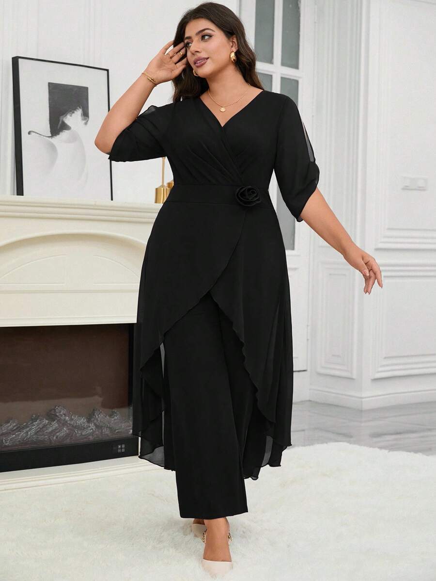Reflora Plus Size Women's Solid Color V-Neck Short Sleeve Floral Decor Wide Leg Elegant Jumpsuit Fall - Black - View 1