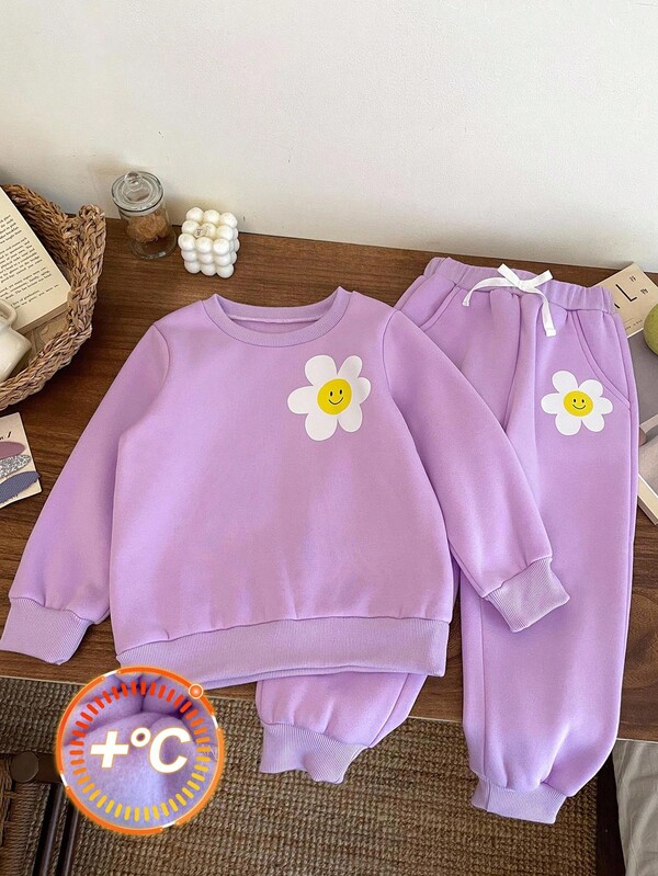 SHEIN 2件套少女纯色圆领休闲运动衫和紧身裤套装