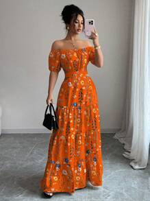Elenzga Standard Size Women's Backless Tie Design Off Shoulder Elegant Long Dress - Orange - View 3