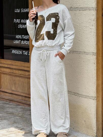 Jouncy Women's Numeric Print Asymmetrical Shoulder Loose Long Sleeve Sweatshirt And Wide Leg Pants 2 Pieces Set
