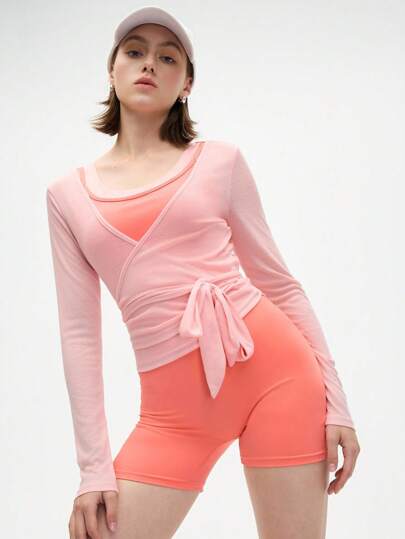 Eassivo Eassivo Women's All Season Casual Sports Tie Front Long Sleeve T-Shirt, Sheer Texture, Versatile White Pullover