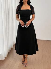 SHEIN Lady 蕾丝拼接公主领女装长袖A字下摆女装 - 黑色 - 查看 3