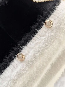 Franclia 大码女装秋冬新款撞色边海马图案针织开衫，时尚百搭休闲通勤 - 白色 - 查看 7