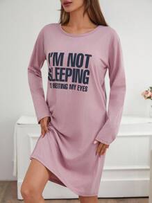 EURMUSE Damska sukienka piżamowa z okrągłym dekoltem i długim rękawem w kontrastowym kolorze, z napisami i nadrukiem - Jasnofioletowy - Zobacz 4