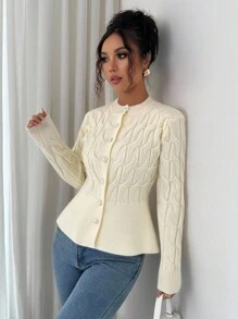 Selianne Autumn Elegant Off-White Soft Cable Knit Cardigan,Korean Style Single-Breasted Waist Cinched Ruffle Button Front Top,Minimalist Loose Brunch Sweater - Beige - View 6