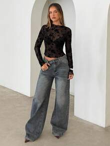 Aloruh Camiseta transparente de malla con estampado floral para mujer