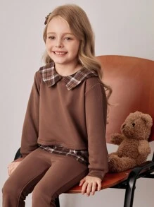PrepCrw Young Girl Collegiate Style Color Block 2 In 1 Sweatshirt Brown Plaid Top , Fall - Multicolor - View 5