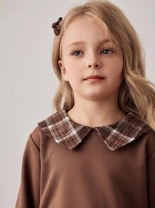 PrepCrw Young Girl Collegiate Style Color Block 2 In 1 Sweatshirt Brown Plaid Top , Fall - Multicolor - View 7