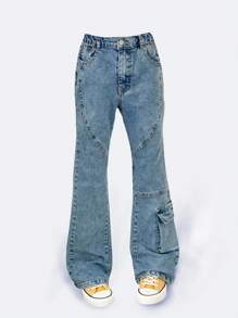 Tween Girls Y2K Style Vintage Washed Denim Jeans, Multi-Pocket Design, Fashion Flare Leg, Side Pocket Patchwork, Autumn New Arrival - Medium Wash - View 1