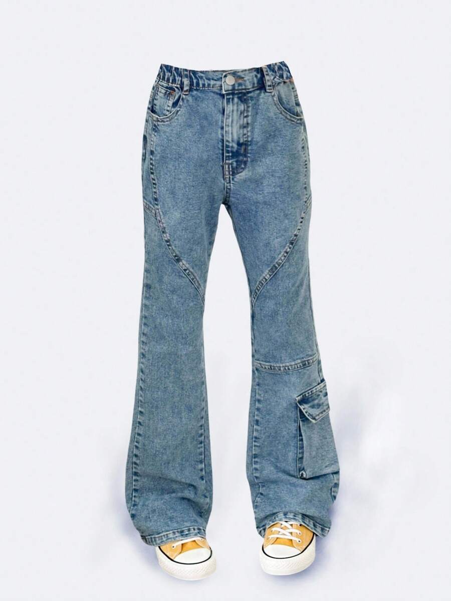 Tween Girls Y2K Style Vintage Washed Denim Jeans, Multi-Pocket Design, Fashion Flare Leg, Side Pocket Patchwork, Autumn New Arrival - Medium Wash - View 1