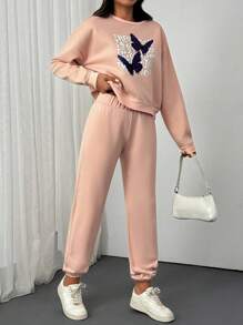 EURMUSE 2pcs Women's Spring & Autumn Letter And Butterfly Print Crew Neck Sweatshirt And Elastic Waist Pants Casual Set - Pink - View 4