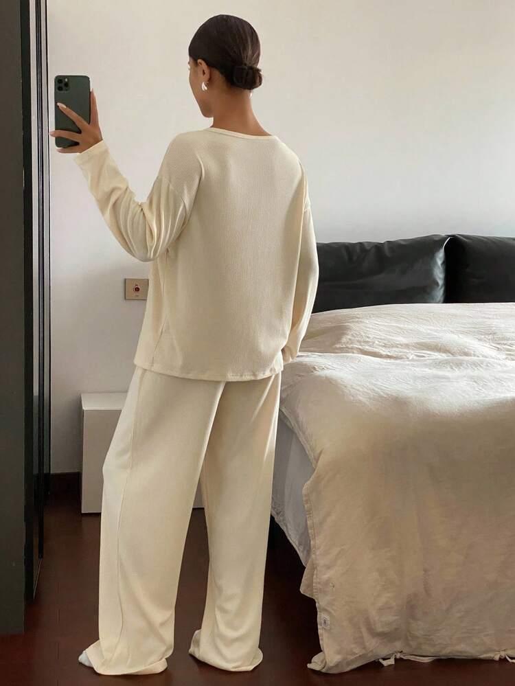 Women Minimalist Cartoon Print Decor Loose Pajama Set, Fall Clothes