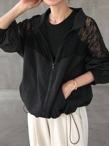 FRIFUL Áo khoác ren chắp vá thường ngày dành cho nữ - màu đen - Xem 5