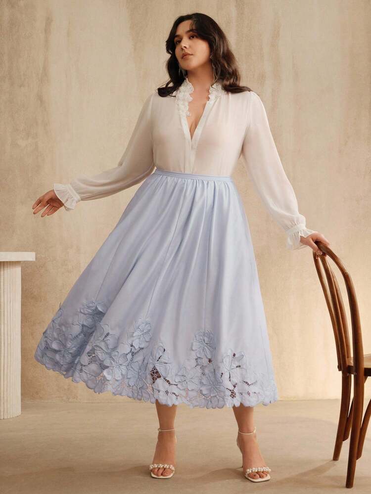 Plus Size Women's Hollow Embroidered Floral Decor Waist Cinched A-Line Woven Skirt, Suitable For Beach Vacation