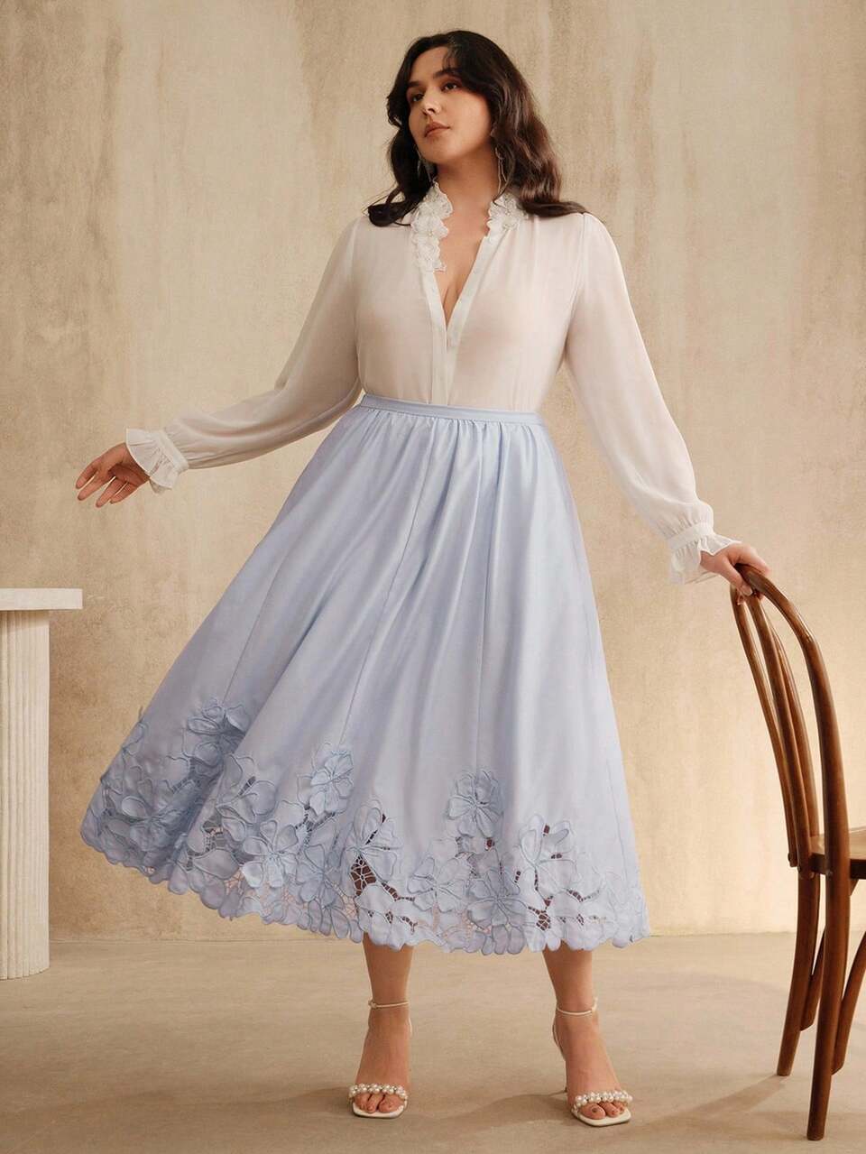 Plus Size Women's Hollow Embroidered Floral Decor Waist Cinched A-Line Woven Skirt, Suitable For Beach Vacation