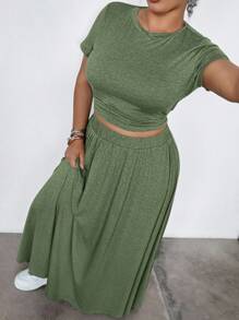 Dripcurv 2 件大码套装：休闲弹力短袖上衣和长款紧身裙，灰色大码两件套裙套装大码女式 2 件套