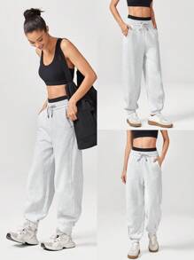GLOWMODE 26'' Everyday Fleece Loose Fit Adjustable Drawstring Wasit Pleated Hem Joggers With Side Pockets Daily Casual - Grey - View 5