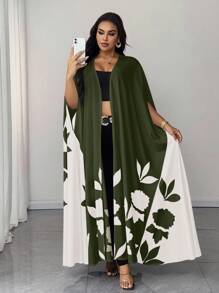 SHEIN Unity Áo khoác tay lửng họa tiết hoa chắp vá màu tương phản cỡ lớn - màu xanh lá - Xem 5