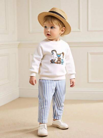 Souflis Souflis 2 件套幼儿男童休闲百搭时尚马刺绣圆领运动衫上衣和松紧腰条纹裤套装