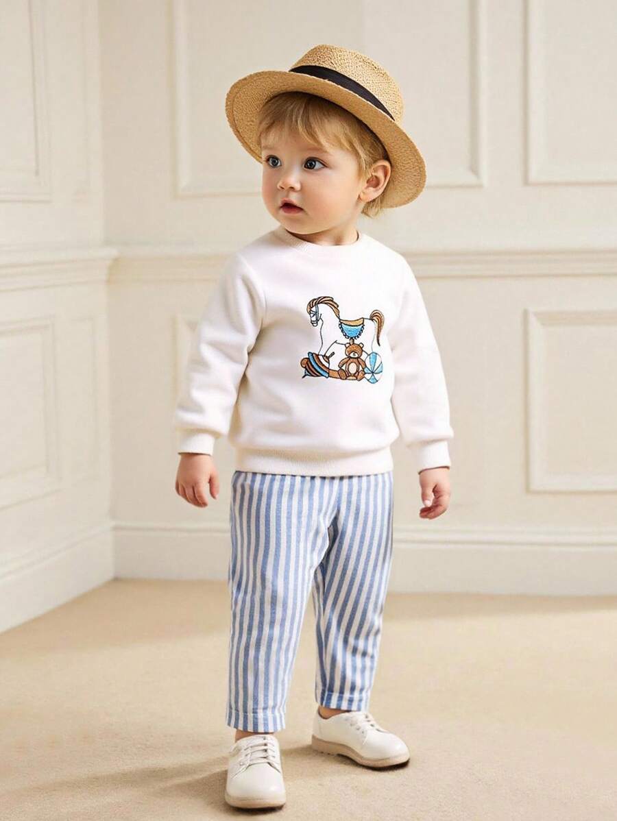 Souflis Souflis 2 件套幼儿男童休闲百搭时尚马刺绣圆领运动衫上衣和松紧腰条纹裤套装 - 彩色 - 查看 1