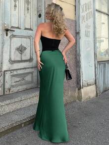 Jeta Ari Women Elegant Solid Satin Maxi Skirt - Army Green - View 3