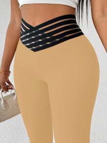 SHEIN Clasi Women's Waist Mesh Patchwork Skinny Fashion Pants - Apricot - View 3