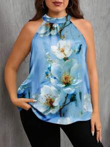 SHEIN Clasi 休闲度假风格蓝色 3D 花卉印花女式露背衬衫，适合夏季 - 彩色 - 查看 4