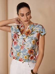 Shutterstock Glamance Women's Floral Allover Print V-Neck Casual Top Floral Tops For Women Summer Shirts Woman Women Blouses For Summer Flower Top Business Casual Elegant - Grey - View 6