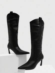 CUCCOO SZL Giày bốt cao đến đầu gối đế thấp màu đen thời trang thoải mái dành cho nữ - màu đen - Xem 3