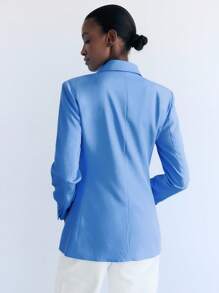 Maija Veste blazer pour femmes à col croisé, poches et décoration minimaliste urbaine. Polyvalente pour un usage urbain, décontracté, formel, professionnel, enseignement, automne/hiver - Bleu azur - Voir 5
