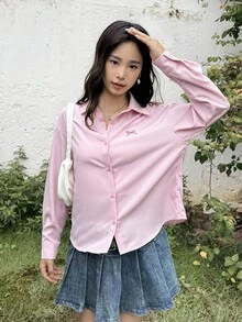 SHEIN Loose Casual Comfortable Collared Embroidered Bow Blouse, Suitable For Teen Girls Back To School Fall Winter