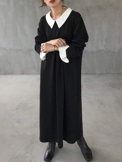 FRIFUL Women's Color Block Long Sleeve Loose Oversized Dress Black Dress Women Modest Dress Funeral Dress Church Dress Prayer Dress