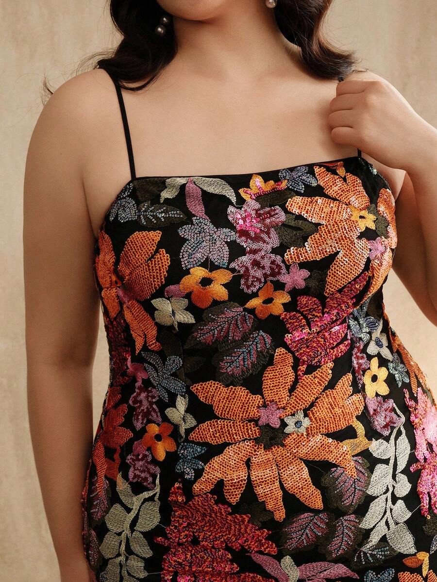 Anewsta Vestido de fiesta elegante de talla grande para mujer con tirantes medianos y estampado floral con cuentas - Negro - Ver 1