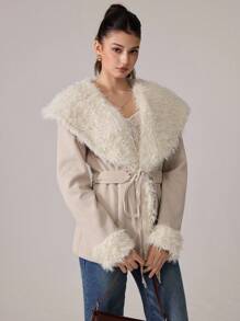 SHEIN MOD 女士秋冬大领收腰系带休闲长袖夹克 - 白色 - 查看 8