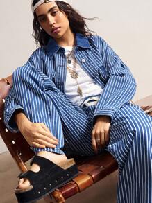 Bohemela 大码休闲水洗条纹直筒裤 - 深色水洗藍 - 查看 3